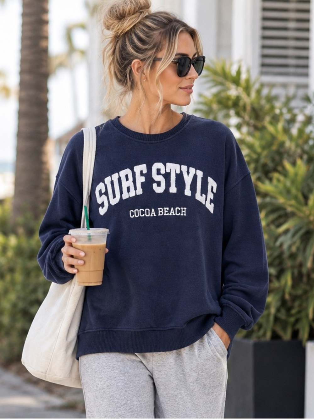 Surf Style Cocoa Beach Navy Blue Graphic Crewneck Sweatshirt Size Small Coastal